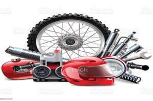 Vector motorcycle spares concept with wheel, helmet, speedometer, can, spanner, headlight, isolated on white background